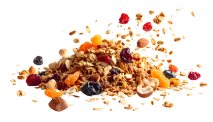 A pile of granola mix featuring nuts, dried fruits, and grains, isolated on black