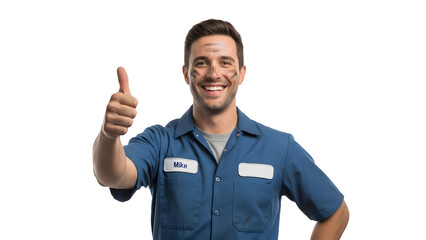 A smiling repairman with a thumbs-up gesture, covered in dirt