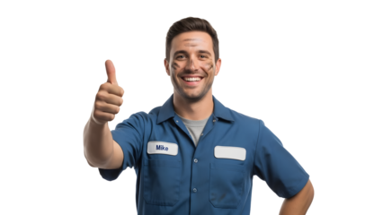 A smiling repairman with a thumbs-up gesture, covered in dirt