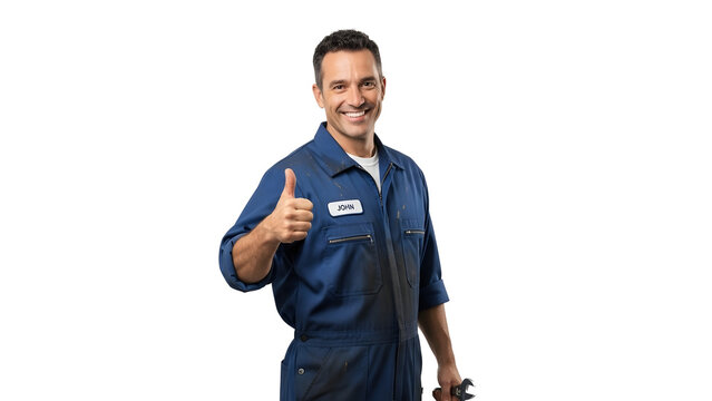 A friendly auto mechanic giving a thumbs-up while holding a wrench, showing confidence and expertise