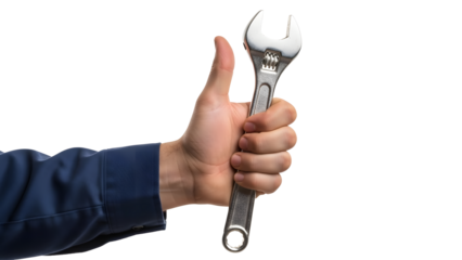 Hand holding wrench with thumb up, showing mechanics's skills and approval. The person is holding a wrench and giving a thumbs up.