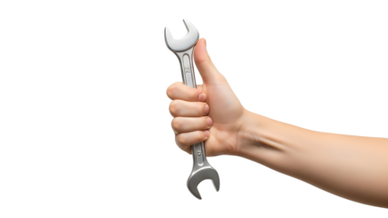 A hand firmly holding a wrench, symbolizing tools and maintenance. The wrench is silver in color and held with a strong grip, signifying readiness