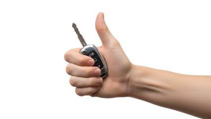 A hand holding car key shows thumb up gesture