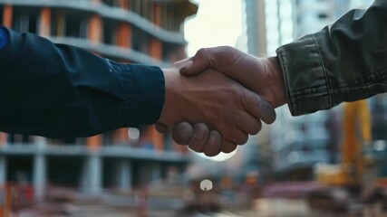 Handshake between two construction workers on a building site, symbolizing collaboration and safety in the workplace.