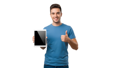 A man holding tablet with thumb up