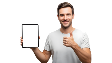 A man holding a tablet and giving a thumbs up. A perfect portrayal of modern technology and positive feedback