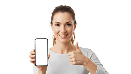 A woman smiling and holding up a smartphone with a blank screen, giving a thumbs-up. This image suggests app promotion, satisfaction, or a good review.