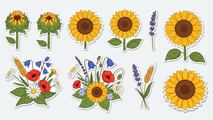Sunflower and Wildflower Illustrations in Cartoon Style with Bright Colors and White Background for Crafting