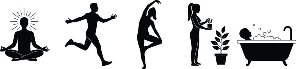 Black silhouettes of people meditating running dancing watering plant and bathing