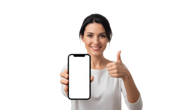 A woman smiling and showing a phone with a thumbs-up gesture, representing approval or satisfaction. The phone screen is blank. - Powered by Adobe