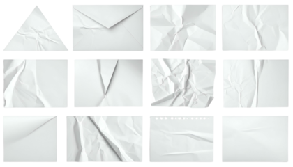 Twelve textured white paper pieces, each folded, creased, and torn, arranged in a grid