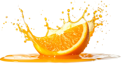 A juicy orange slice amidst a splash of bright orange liquid, isolated on black