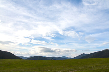 Vast grassy field stretching toward distant hills under a clear blue sky with scattered clouds, capturing tranquil rural landscape and open countryside. Carpathian Mountains, Ukraine