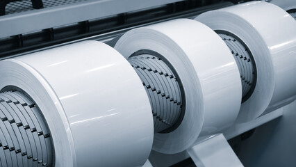 Large industrial automatic machine for cutting and gluing PVC film on wood chipboard and MDF boards...