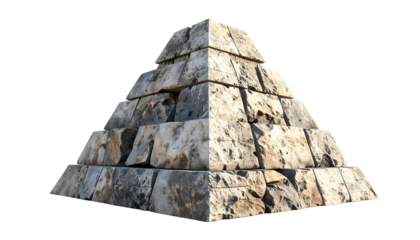 A stone pyramid, constructed of layered, rough-hewn blocks. Cutout against a black background