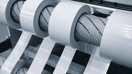 Large industrial automatic machine cutting gluing PVC film on wood chipboard and MDF boards for furniture production, rollers with PVC film loaded into machine ready for gluing.