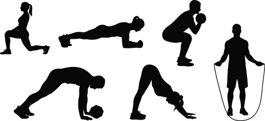 Black silhouettes of people exercising with jump rope and weights exercise fitness © Riyaj Vector Valley