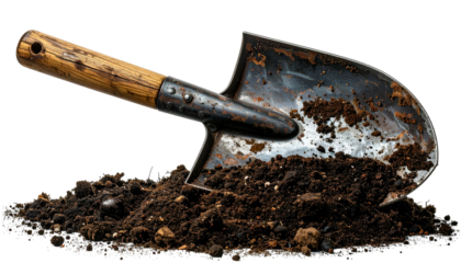 A well-used garden spade rests in a pile of rich, dark earth, ready for planting