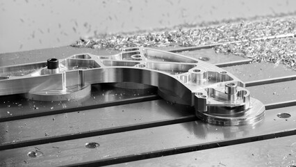 Complex metal work on machine table, made on modern programmable CNC multifunctional metalworking...