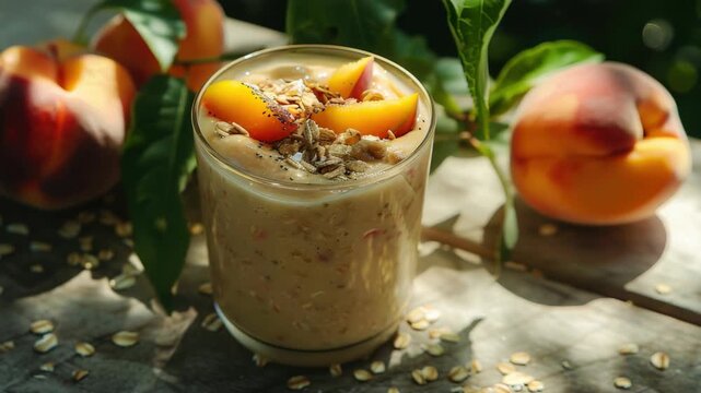 Glass of granola and peach parfait in sunlit setting, with freshly picked peaches nearby.