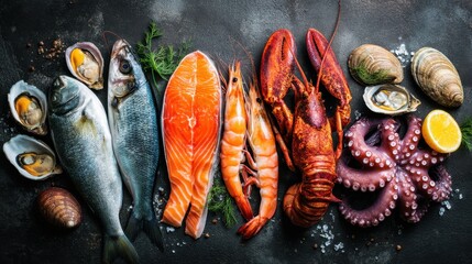 A variety of seafood is arranged on a dark surface. The selection includes fish shrimp lobster and shellfish ready for cooking or serving. Fresh herbs and lemon are nearby.