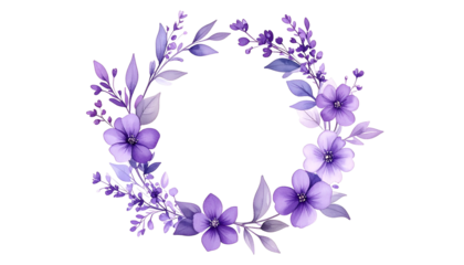 A circular floral design with varying shades of purple blossoms and leaves on black