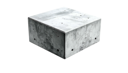 A gray concrete cube, lit from above, sits centered on a black background