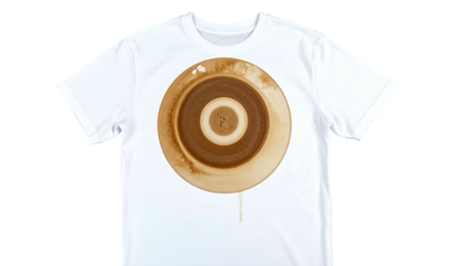 White tee shirt with a coffee stain design mimicking concentric circles and a drip