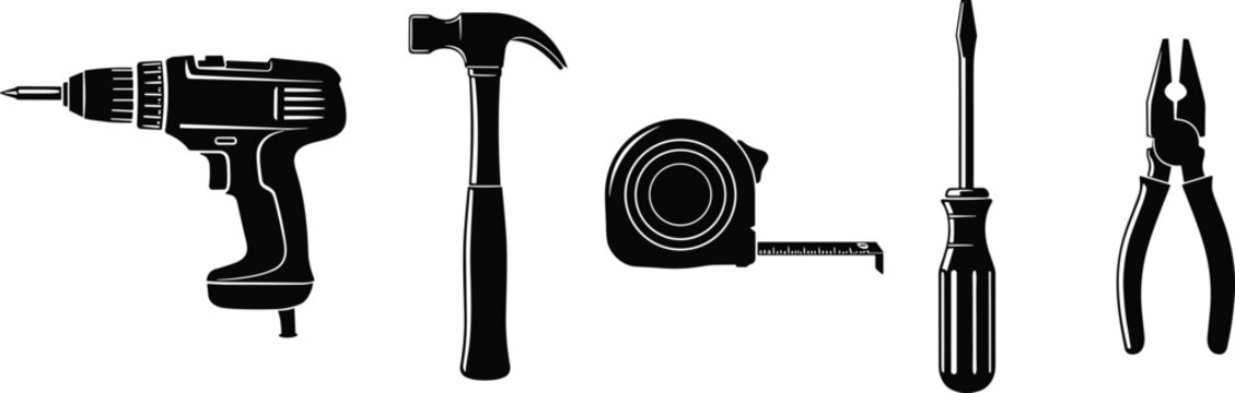 Black silhouette of a cordless drill hammer tape measure screwdriver and pliers claw hammer - Powered by Adobe