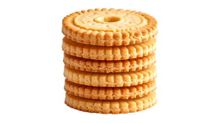 Stack of five golden-brown, circular biscuits with decorative edges and a hole in the center