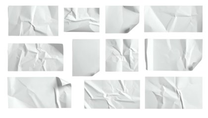 White, crumpled paper rectangles arranged on black background, showcasing various folds and textures