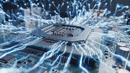Dynamic closeup of a powerful computer processor on a circuit board illuminated by vibrant blue electrical currents symbolizing rapid data flow and advanced technological innovation in the digital ag. - Powered by Adobe