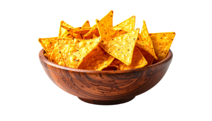 A wooden bowl overflowing with golden, seasoned tortilla chips, isolated on black