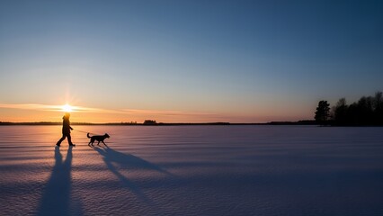 Fototapeta premium Silhouette of person walking dog on snowy landscape at sunset