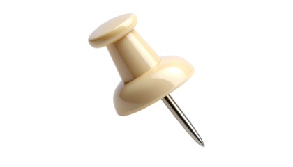 Close-up of a single beige push pin with a shiny metallic needle, isolated on black