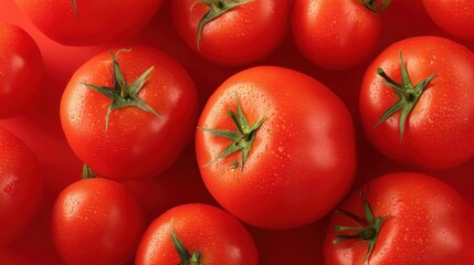 Fototapeta premium Tomatoes of various sizes are shown on a red surface. The bright color and smooth skin indicate they are fresh. This setup is typical for preparing salads or sauces.