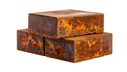 Three rectangular, textured blocks with deep rust coloration, set against a black backdrop