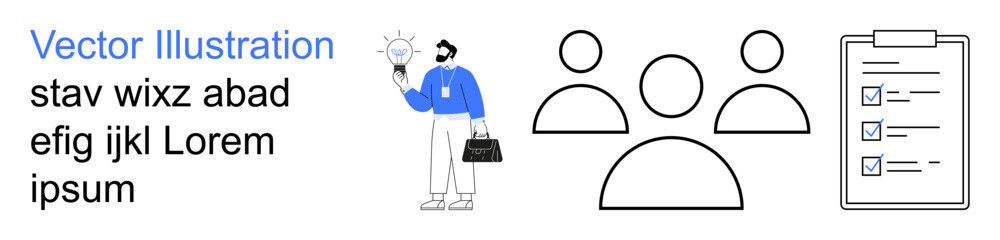 Obraz premium Business planning, innovation, teamwork, task tracking, productivity, management. a person holding a creative idea, a team icon and a task checklist. Innovation and teamwork concept