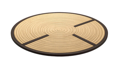 Circular beige and brown placemat with concentric circles and cutouts, isolated on black