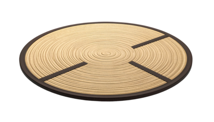 Circular beige and brown placemat with concentric circles and cutouts, isolated on black