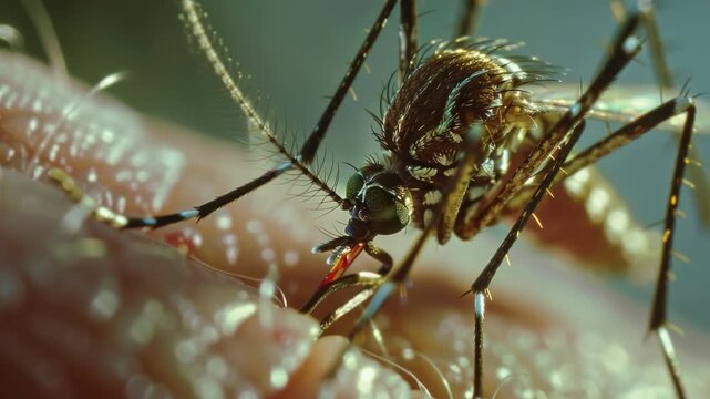 Close up of mosquito feeding on human skin.