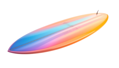 A long, colorful surfboard with a gradient finish, isolated on a black background