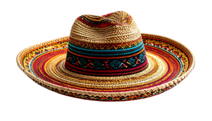 Woven straw hat with wide brim, colorful bands, and central crown, isolated on black