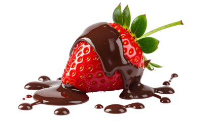 A ripe strawberry is covered in melted dark chocolate. Drippings create a puddle below