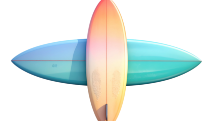 Three colorful surfboards arranged, one vertical, the others horizontal, creating a cross