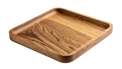 Wooden, square serving tray with rounded edges, featuring woodgrain details, isolated on black