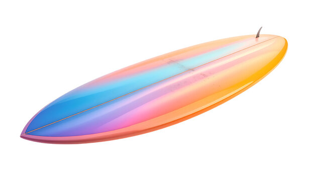 A long, colorful surfboard with a gradient finish, isolated on a black background