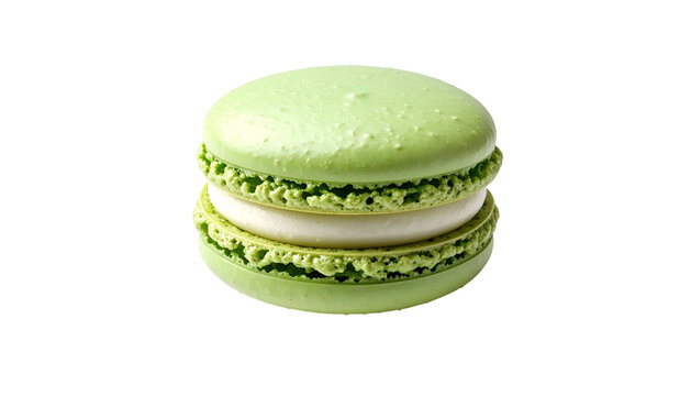 Isolated light green macaron with creamy filling, against a black background