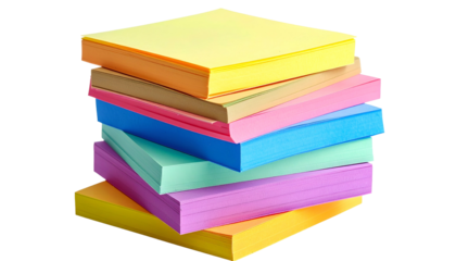 Colorful, stacked paper pads, different hues, close-up view, black background