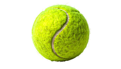 Isolated vibrant green tennis ball with distinct felt texture and a white seam on a dark background